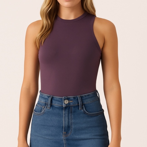 Reoria Purple High Neck Sleeveless Bodysuit Size M Stretchy Fitted Snap Closure - Picture 1 of 5